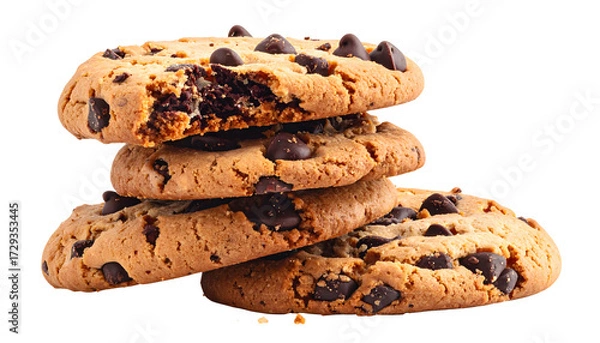Fototapeta Stack of four chocolate chip cookies, one with a bite taken out, isolated on a white background.