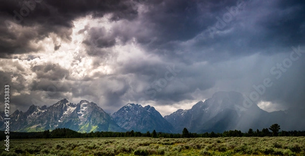 Fototapeta Wide View Of Storm Over The Mountains From The Valley Of Grand Teton