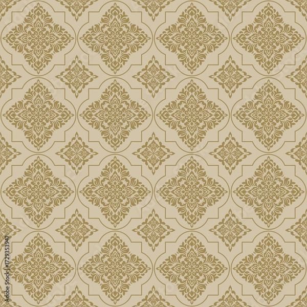 Fototapeta Brown Damask Seamless Pattern, Luxury Damask Seamless Pattern for Wallpaper, textile, wrapping, and classic luxury interior decoration, Classic Damask Seamless Pattern Vector Design