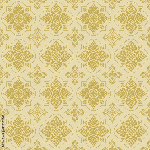 Fototapeta Gold Damask Seamless Pattern, Luxury Damask Seamless Pattern for Wallpaper, textile, wrapping, and classic luxury interior decoration, Classic Damask Seamless Pattern Vector Design