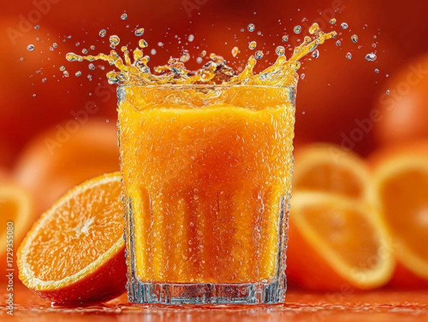 Fototapeta Refreshing glass of orange juice with splash surrounded by fresh oranges, symbolizing health, vitamins, freshness, and natural citrus beverage.
