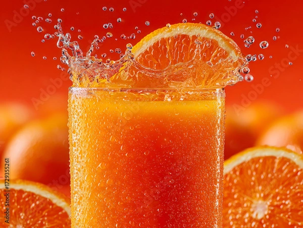 Fototapeta Fresh orange juice splashing in glass with fruit slices, symbolizing health, vitamin C, refreshment, and natural energy drink. 
