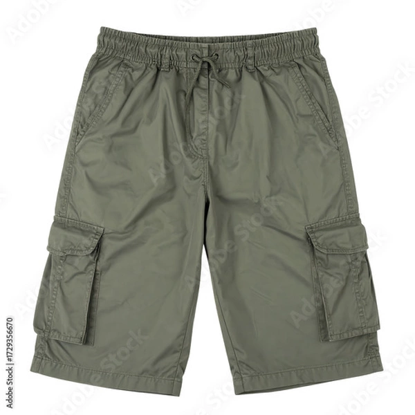 Obraz Olive-green cargo shorts isolated against a black background, featuring a drawstring waist, elastic waistband, and multiple pockets for casual wear.