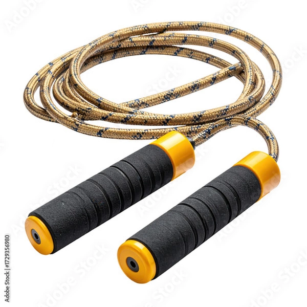 Obraz A   shot displays a high-quality skipping rope, featuring a textured beige and blue cord, ergonomically designed black handles, and vibrant yellow accents on each handle end, set against a solid...