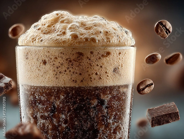 Fototapeta Close-up of iced coffee with frothy foam, chocolate pieces, and coffee beans, symbolizing refreshment, energy, and delicious beverage indulgence.
