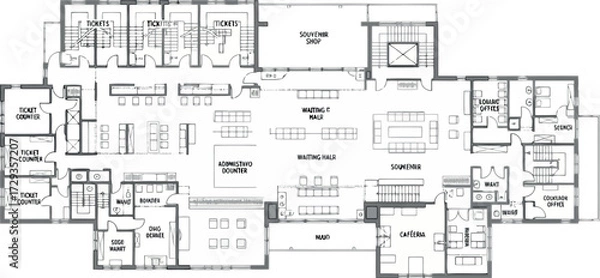 Fototapeta Vector art of detailed architectural floor plan showing room labels and furniture arrangement