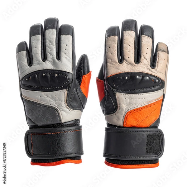 Obraz Detailed  shot showcases two protective gloves, displayed against a stark black background, highlighting the texture and stitching details with a prominent  view of the intricate design and...