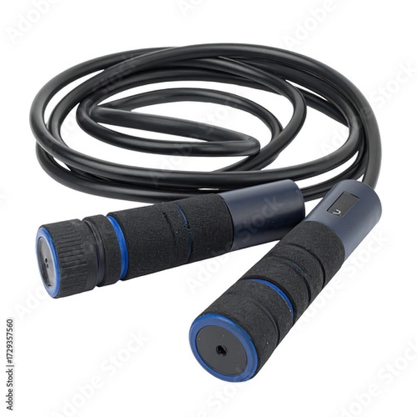 Obraz A  photograph presents a fitness tool, featuring a coiled black rope connected to two dark blue handles with black foam grips and blue accents, set against a plain black background.