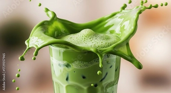 Fototapeta Green matcha drink splash in glass with ice cubes in motion.