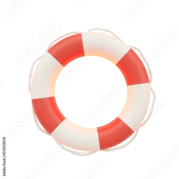 Obraz Circular life preserver in vibrant red and white colors, floating against a pure black backdrop, with carefully rendered details and visible ropes, showcasing a clean and minimalist aesthetic that...