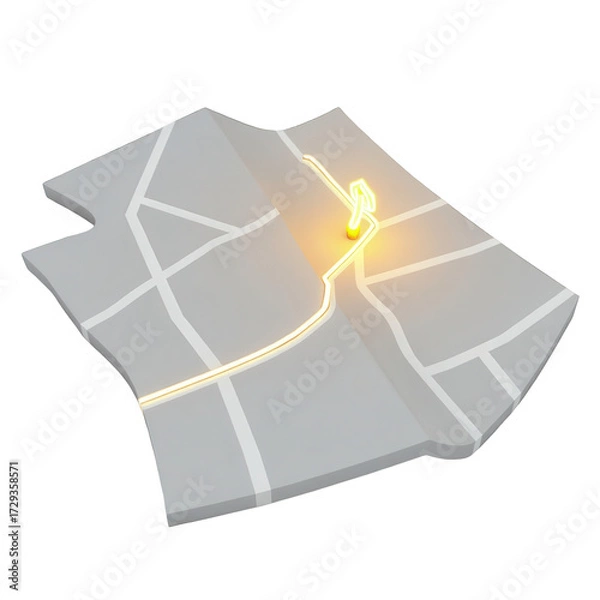 Obraz Illuminated map displaying a route, with a glowing yellow light indicating the destination and path, set against a black background, showcasing navigation and travel conceptualization, providing an...