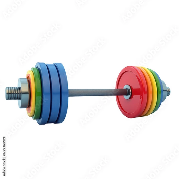 Obraz A brightly colored barbell showcases a vibrant assortment of weight plates, demonstrating a full spectrum of the rainbow, while being isolated against a stark black background, implying fitness and...