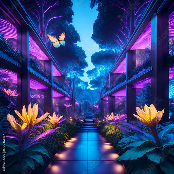 Obraz Futuristic Neon Botanical Garden with Holographic Butterflies