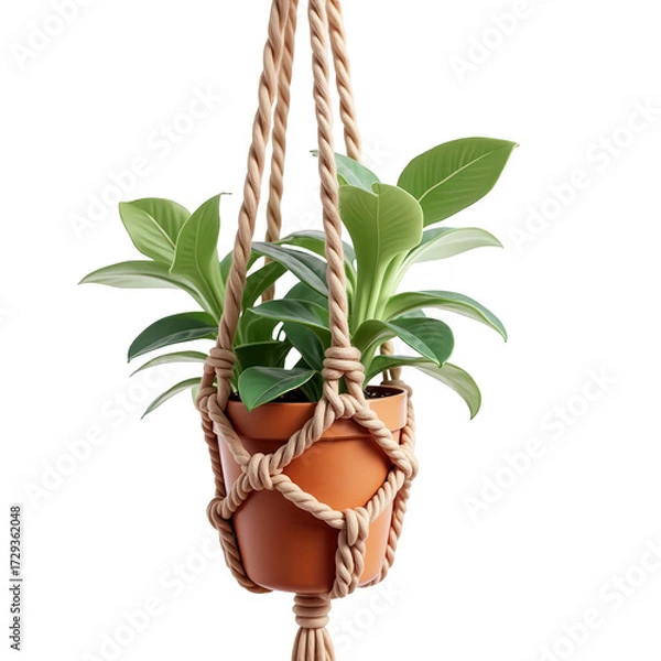 Obraz Houseplant in a hanging macrame planter with vibrant green leaves, resting against a stark black backdrop, creating a modern and minimalist aesthetic, and portraying a sense of organic and natural...