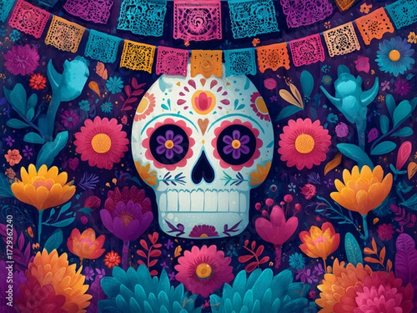 Fototapeta Colorful Day of the Dead illustration with a decorated sugar skull on a black background, surrounded by bright flowers on the sides and festive papel picado garlands above.
