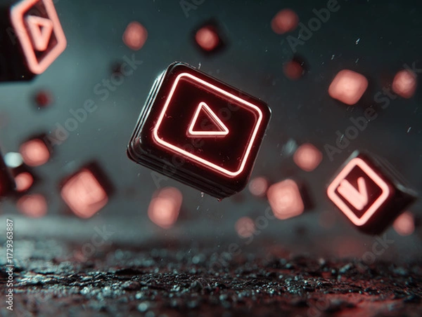 Fototapeta Neon glowing play button icons floating in dark futuristic space, symbolizing video streaming, digital media, online entertainment, and technology.
