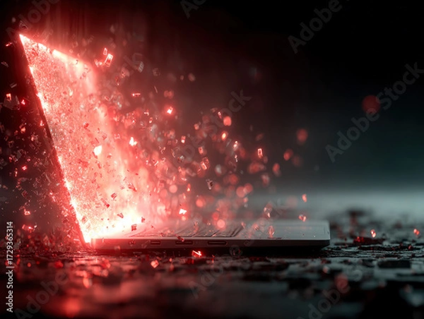 Fototapeta Glowing laptop exploding with red digital particles, symbolizing technology, data, power, cyber energy, futuristic concept, and digital transformation.
