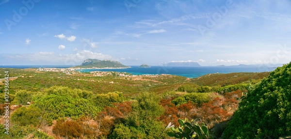 Obraz View of Golfo Aranci at Sardinia north, clear blue water beaches on both sides, from higher hill near