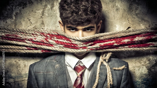 Obraz Model in a suit with ropes around mouth, conveying a feeling of captivity against a textured wall background