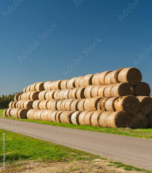 Fototapeta A large number of straw bales stacked into a huge pile