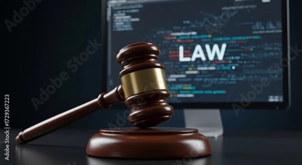 Fototapeta Law Concept Image: Judge's Gavel Set Against Bright Computer Monitor Screen Background, Justice, Legal, Technology, Digital Court.