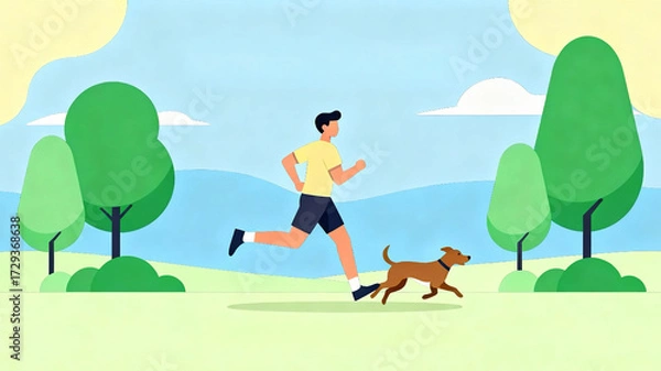 Fototapeta Healthy lifestyle concept with a green leaf, a running person with dog