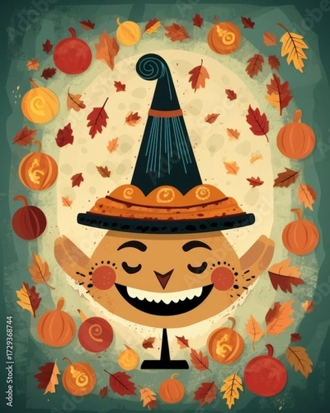 Fototapeta Cute smiling autumn character with witch hat in pumpkin frame