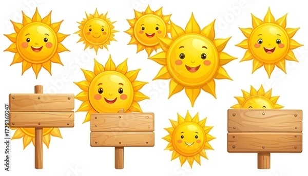 Obraz Cute cartoon suns and wooden signs