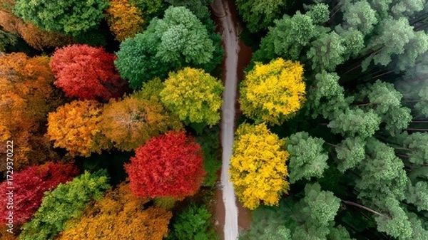 Fototapeta top-down forest canopy in autumn, mosaic of red orange yellow leaves