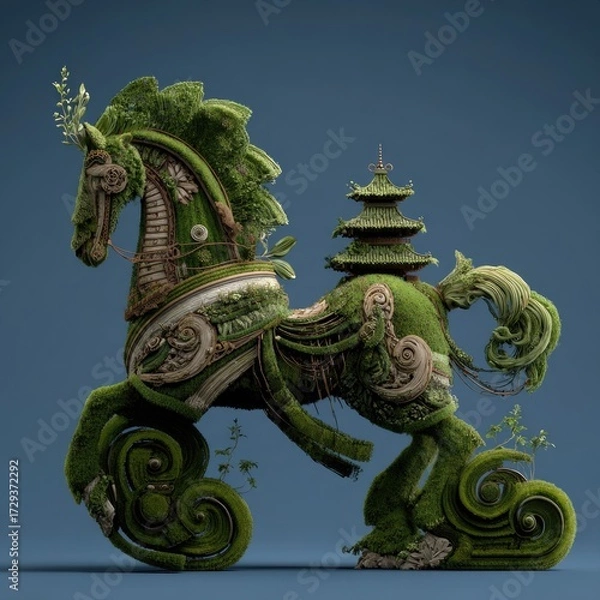 Fototapeta A fantastical horse sculpture, adorned with lush greenery and a miniature pagoda, evokes a sense of tranquility and wonder.