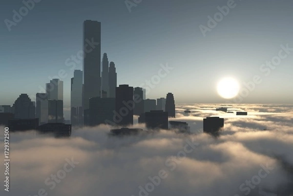 Obraz City in clouds, skyscrapers among the clouds, sunset above the clouds with high-rise buildings, 3D rendering
