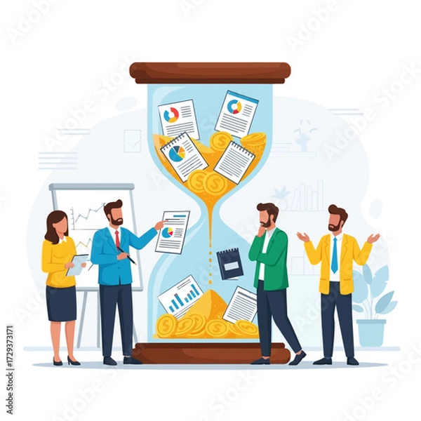 Fototapeta Conceptual illustration of time management with people and an hourglass filled with money and documents.