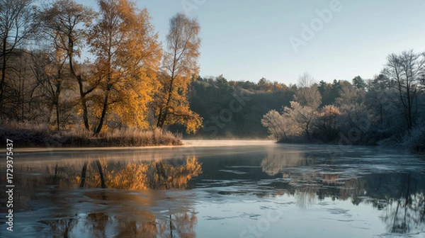 Fototapeta misty lake reflecting autumn and frosty trees under soft blue sky in tranquil seasonal landscape composition with warm and cool contrast