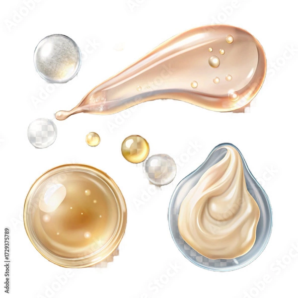 Fototapeta Liquid textures creamy beige blobs, droplets, and pearly spheres float. Smooth, shiny