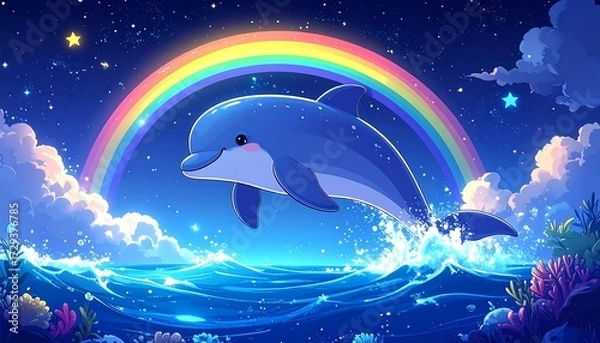 Obraz Cute dolphin leaping in a starry night ocean scene