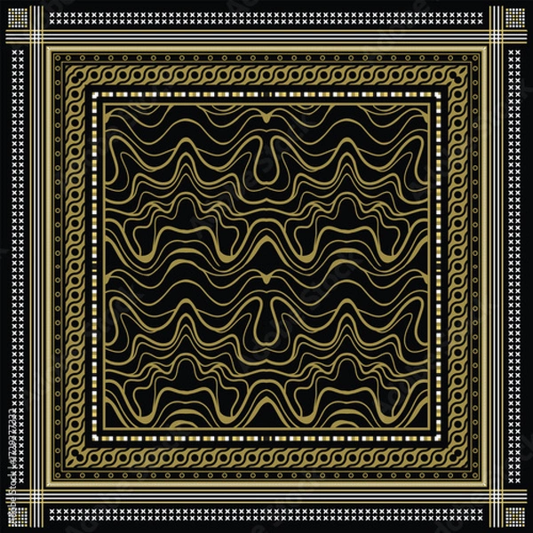 Fototapeta Decorative golden frame scarf design with a flowing and waving print pattern, displayed on a black background for a bold and sophisticated look.