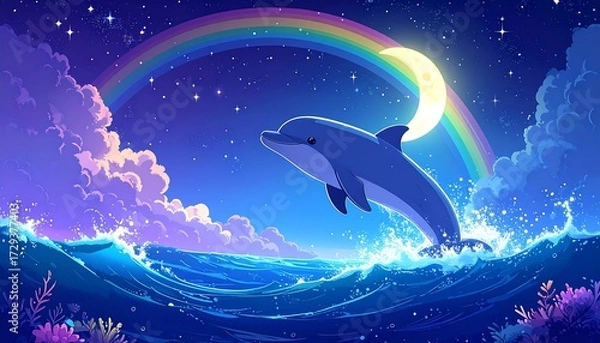 Obraz Cute dolphin leaps in a magical night scene