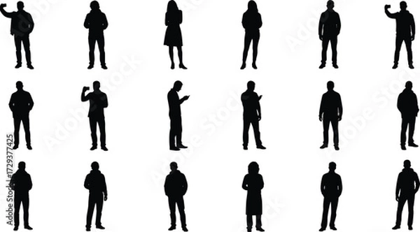 Fototapeta Collection of diverse men and women silhouettes in various poses and with technology, representing modern social and professional interactions for design