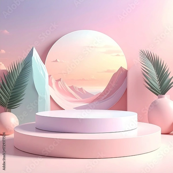Fototapeta Elegant Pastel Product Display Podium with Mountain Backdrop Serene and Minimalist Aesthetic for Marketing and Presentation