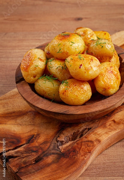 Obraz Baked new potatoes, with butter and dill, on a wooden plate, homely, rustic, no people,