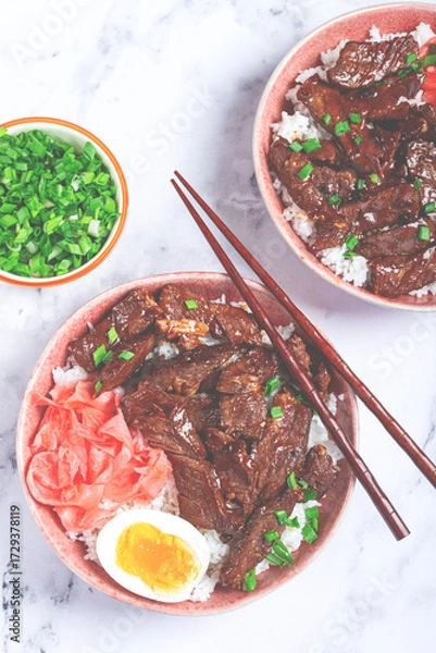 Obraz Gyudon Japanese beef with rice, pickled ginger, boiled egg slice, garnished with green onions, in a bowl with chopsticks,