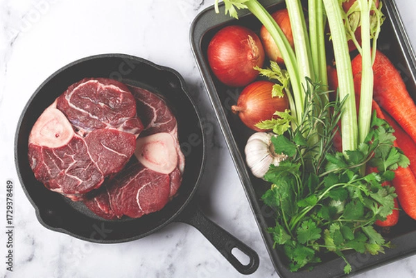 Obraz knuckle on the bone, raw meat for ossobuco, in a cast-iron pan, baking sheet with vegetables, top view, no people,
