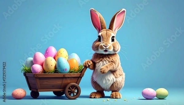 Fototapeta Cute Easter bunny pushing a cart of colorful eggs