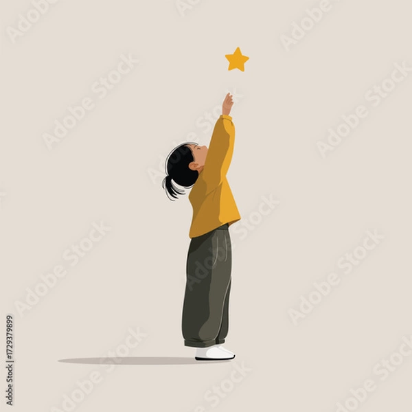 Fototapeta A hopeful child reaches upward towards a shining yellow star, symbolizing dreams and aspirations.