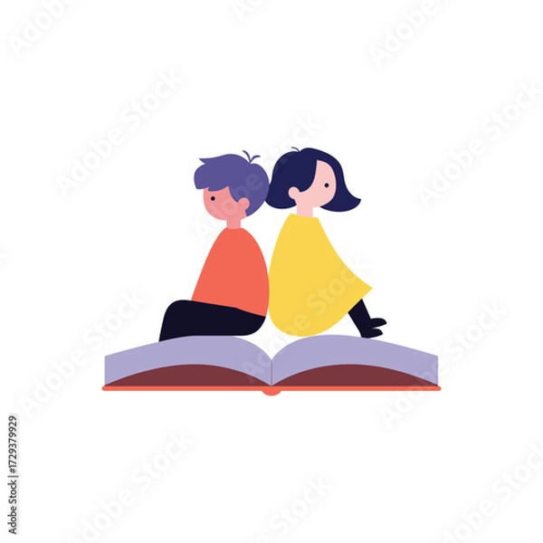 Fototapeta Two minimalist children, a boy and a girl, sit back-to-back on a large open book, representing education, friendship, and the spirit of Universal Children's Day.