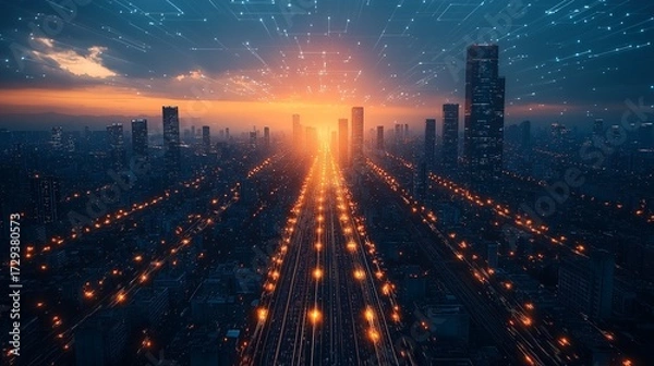 Fototapeta Futuristic city at night with glowing AI-driven data highway in the center.
