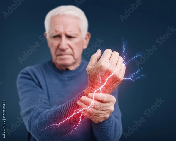 Fototapeta Graphic Depiction of Pain Points in Elderly Man's Wrist with Dramatic Lightning Effects for Medical Illustrations
