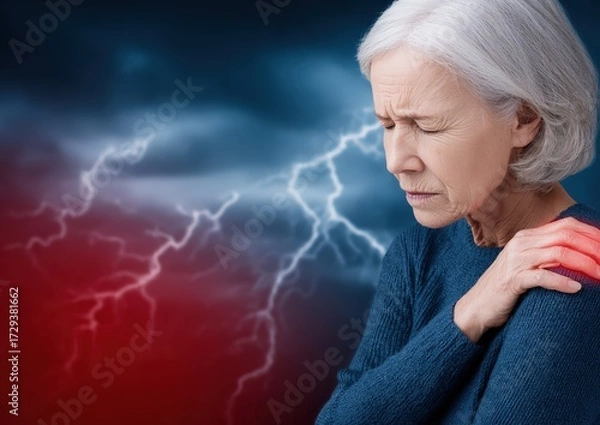 Fototapeta Elderly Woman Experiencing Pain in Shoulder with Dramatic Background of Stormy Lightning and Dark Colors
