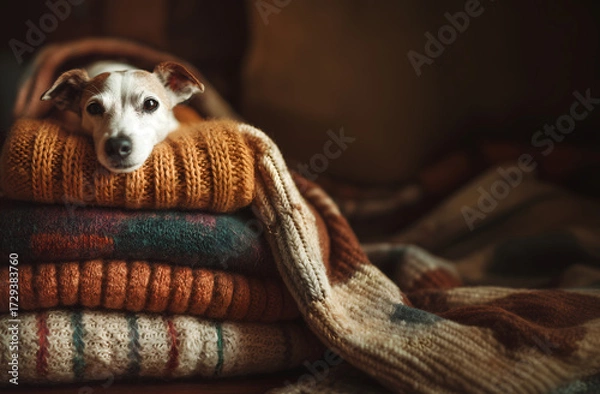 Fototapeta Creative animal template. Stack of warm neutral colour knitted blanket shawls with cute small white jack russell terrier dog puppy lying. copy text space. long banner wallpaper.	
