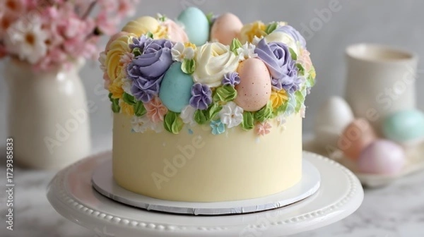 Obraz Easter style cake with smooth pastel icing on a white surface